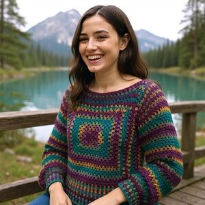 Handmade Lakeside Lodge Crochet Boho Sweater New Mohair Bubble Sleeve Pullover
